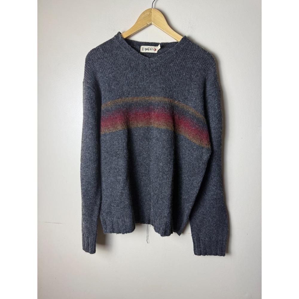 BKE 67 Sweater Wool Blend Mens L Gray Stripped Comfort Casual Preppy